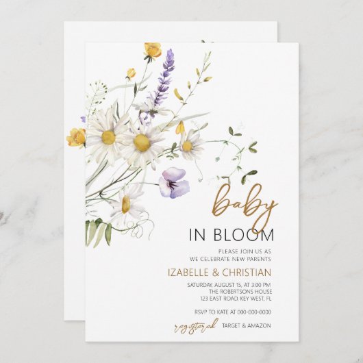 ベビーの開花カモミールのワイルドフラワーシャワー 招待状 (正面/裏面)