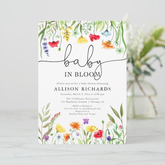 ベビーの開花カラフル野生の花の赤ちゃんシャワー 招待状 (スタンド正面)