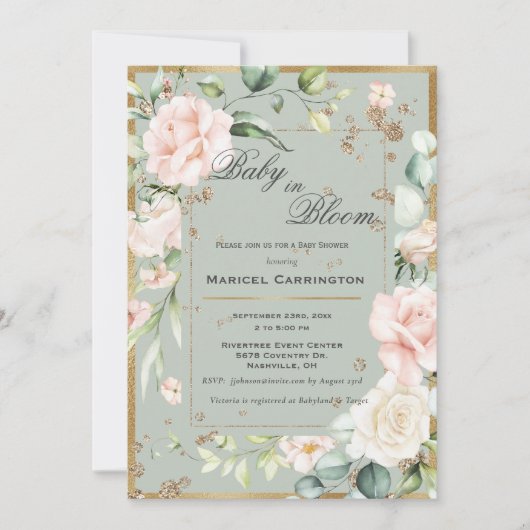 ベビーの開花グリーンフローラエレガントベビーシャワー 招待状 (正面)