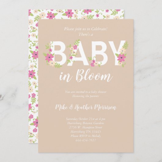 ベビーの開花シャワーピンクヴィンテージ花女 招待状 (正面/裏面)