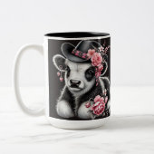 ベビーの開花スタイリッシュで飾られた帽子の中の牛 ツートーンマグカップ (左)