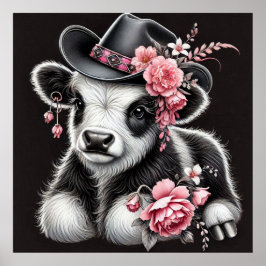 ベビーの開花スタイリッシュで飾られた帽子の中の牛 ポスター