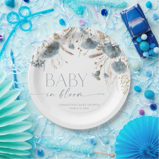 ベビーの開花ダスティブルーベージュボーイブシャワー ペーパープレート (パーティー)