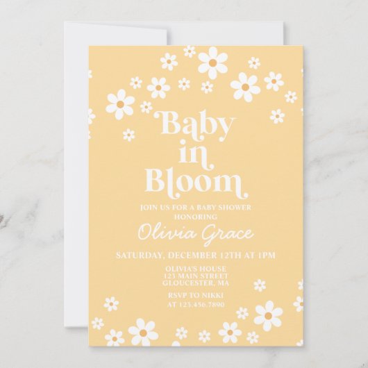 ベビーの開花デイジー黄色フローラ赤ちゃんシャワー 招待状 (正面)