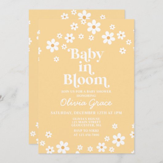 ベビーの開花デイジー黄色フローラ赤ちゃんシャワー 招待状 (正面/裏面)