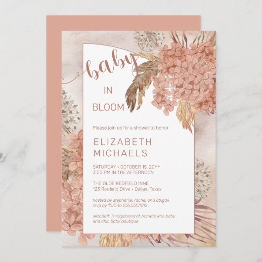 ベビーの開花パンパスグラスとアジサイのシャワー 招待状 (正面/裏面)