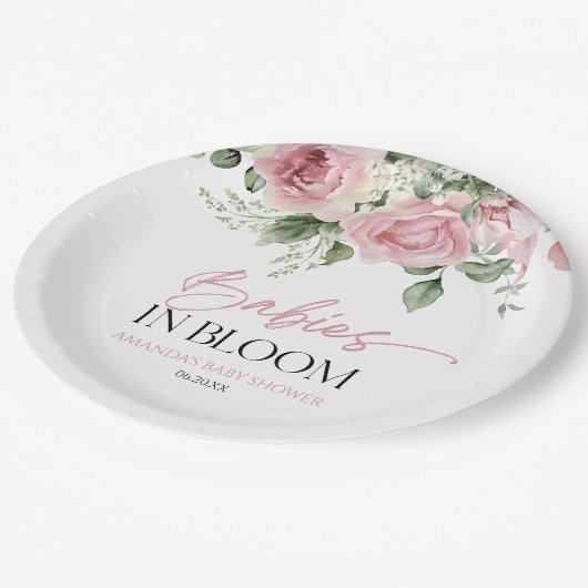 ベビーの開花ピンクのバラのフローラツインベビーシャワー ペーパープレート (アングル)