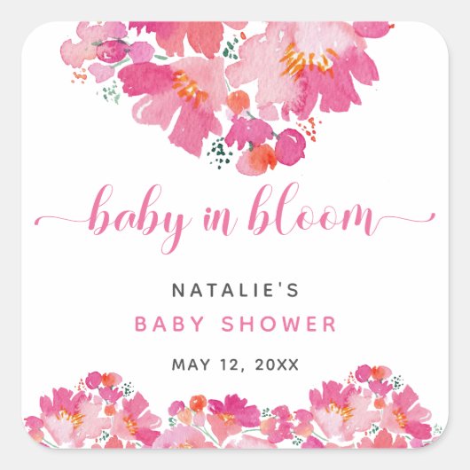 ベビーの開花ピンクフローラベビーシャワー水色 スクエアシール (正面)