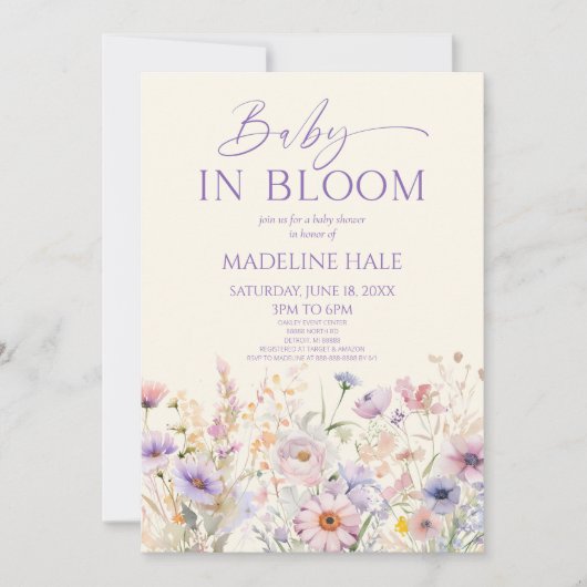 ベビーの開花ピンク紫色の野生の花の赤ちゃんシャワー 招待状 (正面)
