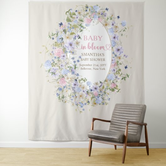ベビーの開花ピンク紫色の青ボホワイルドフラワー タペストリー (インサイチュ)