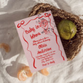 ベビーの開花ピンク赤い花描花束シャワー 招待状