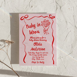 ベビーの開花ピンク赤い花描花束シャワー 招待状