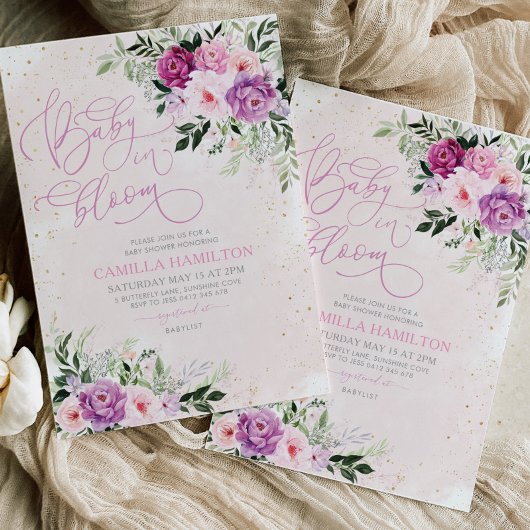 ベビーの開花フローラ赤ちゃんシャワーピンクパープル 招待状