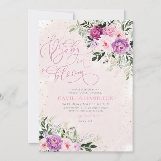 ベビーの開花フローラ赤ちゃんシャワーピンクパープル 招待状 (正面)