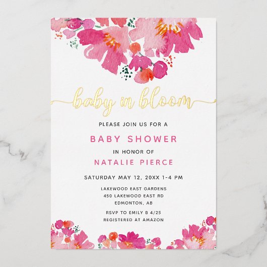 ベビーの開花ベビーシャワーピンクフローラ水色 箔招待状 (正面)