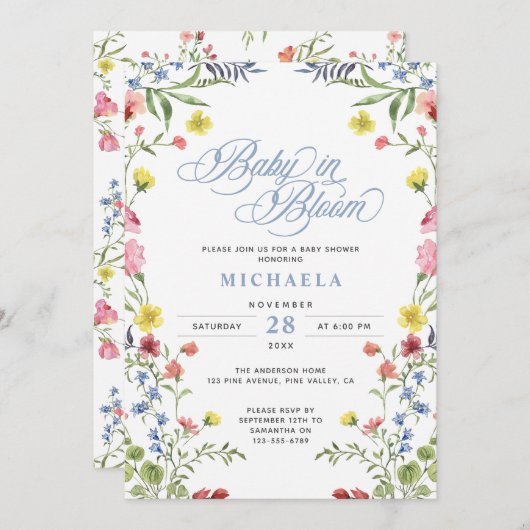 ベビーの開花ベビーシャワー水色フローラ 招待状 (正面/裏面)