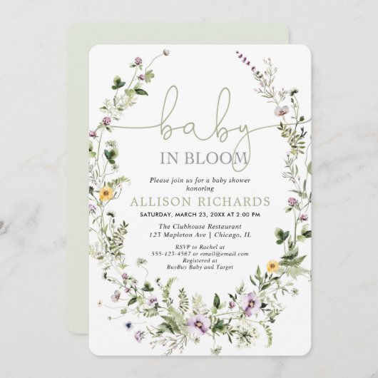 ベビーの開花ロマンチックなワイルドフラワーベイビーシャワー 招待状 (正面/裏面)
