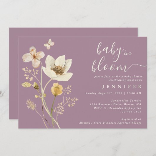 ベビーの開花ワイルドフラワーほこりっぽい紫の赤ちゃんシャワー 招待状 (正面/裏面)