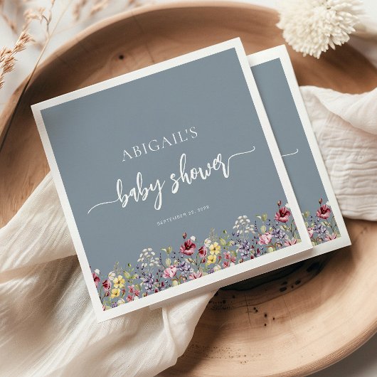 ベビーの開花ワイルドフラワーズダスティブルーベビーシャワー スタンダードカクテルナプキン