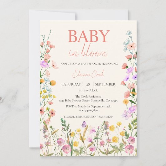 ベビーの開花ワイルドフラワーピンクの女の子QR赤ちゃんシャワー 招待状 (正面)