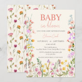 ベビーの開花ワイルドフラワーピンクの女の子QR赤ちゃんシャワー 招待状 (正面/裏面)