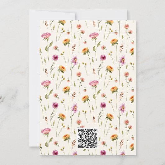 ベビーの開花ワイルドフラワーピンクの女の子QR赤ちゃんシャワー 招待状 (裏面)