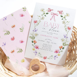 ベビーの開花ワイルドフラワーピンクボウベイビーシャワー 招待状