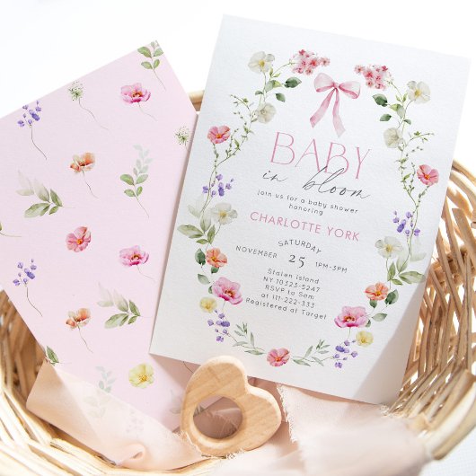 ベビーの開花ワイルドフラワーピンクボウベイビーシャワー 招待状