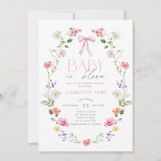 ベビーの開花ワイルドフラワーピンクボウベイビーシャワー 招待状 (正面)