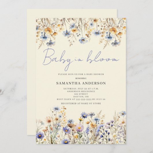 ベビーの開花ワイルドフラワーフローラベビースシャワー 招待状 (正面/裏面)