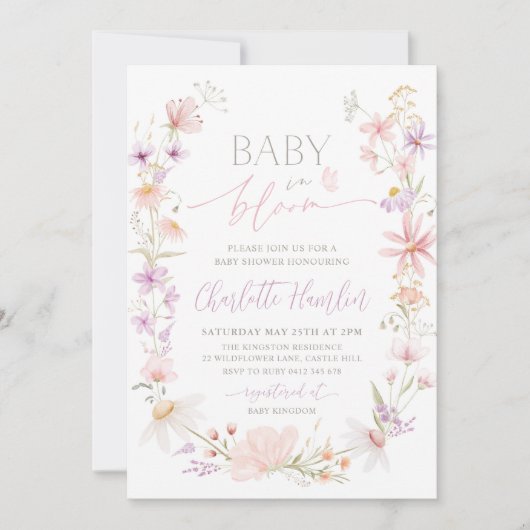ベビーの開花ワイルドフラワーフローラベビースシャワー 招待状 (正面)