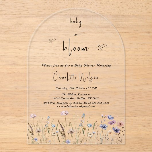 ベビーの開花ワイルドフラワーベビーシャワー アクリル招待状 (正面)