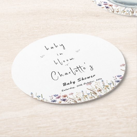 ベビーの開花ワイルドフラワーベビーシャワー ラウンドペーパーコースター (アングル)