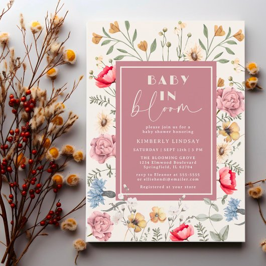 ベビーの開花ワイルドフラワーヴィンテージ女の子ベビーシャワー 招待状