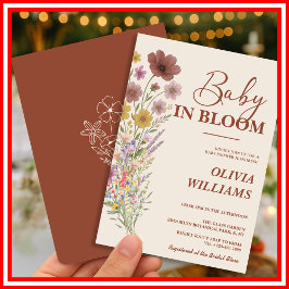 ベビーの開花ワイルドフラワー焼けオレンジ色の赤ちゃんシャワー 招待状
