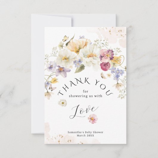 ベビーの開花ワイルドフラワー素朴赤ちゃんシャワー サンキューカード (正面)