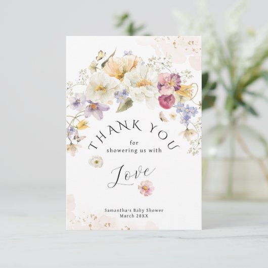ベビーの開花ワイルドフラワー素朴赤ちゃんシャワー サンキューカード (スタンド正面)