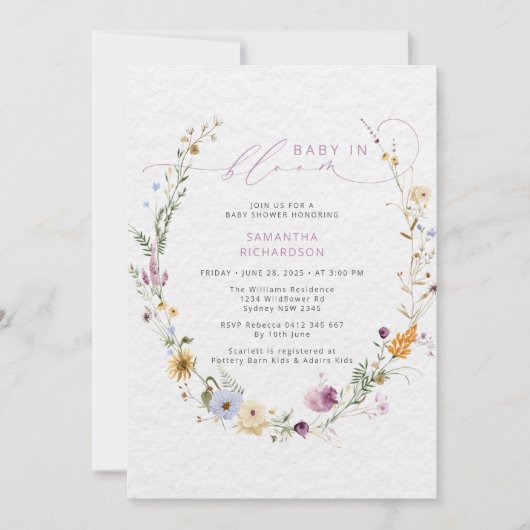 ベビーの開花ワイルドフラワー素朴赤ちゃんシャワー 招待状 (正面)