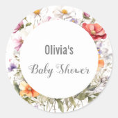 ベビーの開花ワイルドフラワー薄紫ベビーシャワー ラウンドシール (正面)
