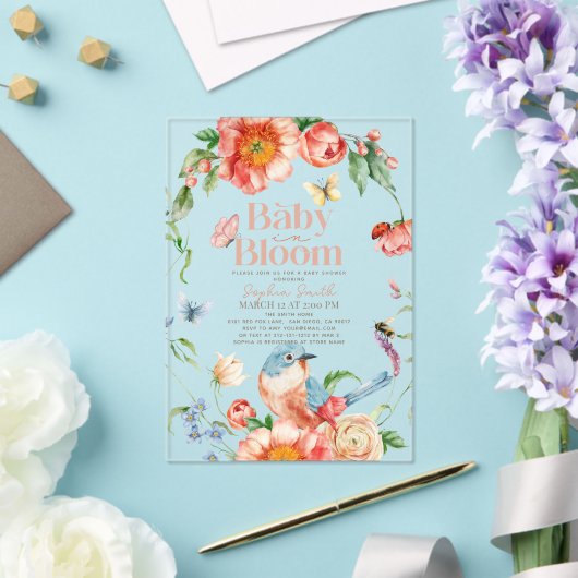 ベビーの開花ワイルドフラワー&バードガールベビーシャワー アクリル招待状 (インサイチュ (ウェディング))