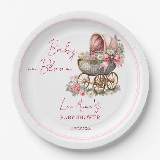 ベビーの開花ヴィンテージキャリッジ花ベビーシャワー ペーパープレート (正面)