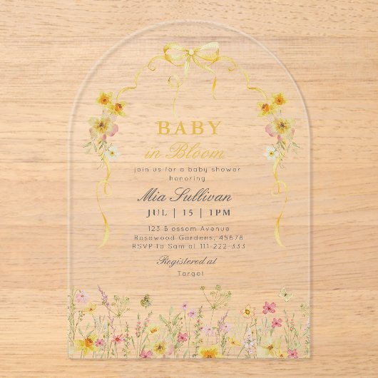 ベビーの開花夏の黄色の野生の花の赤ちゃんシャワー アクリル招待状 (正面)
