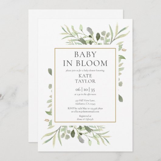 ベビーの開花水の色の緑の赤ちゃんシャワー 招待状 (正面/裏面)