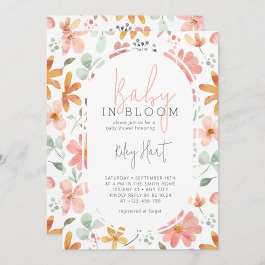 ベビーの開花水の色の花ガールベビーシャワー 招待状 (正面/裏面)