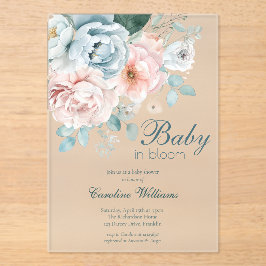 ベビーの開花水の色ほこりっぽい青い赤ちゃんシャワー アクリル招待状