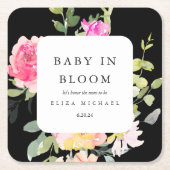 ベビーの開花水カラーフローラベビーシャワーブラック スクエアペーパーコースター (正面)