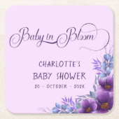 ベビーの開花水彩紫色の花の赤ちゃんシャワー スクエアペーパーコースター (正面)