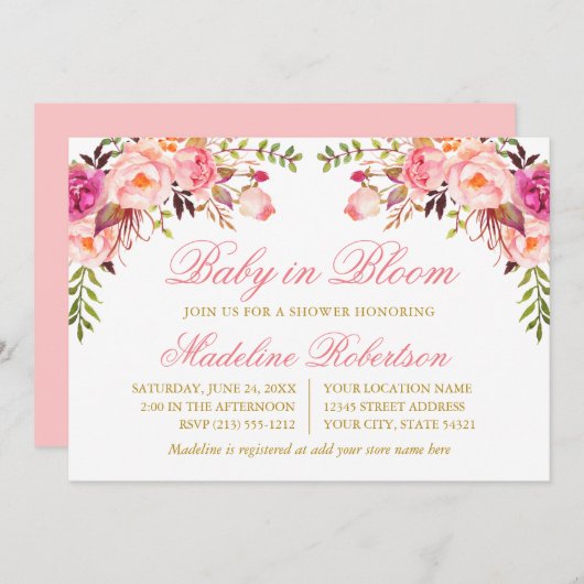 ベビーの開花水色ピンクフローラシャワー 招待状 (正面/裏面)