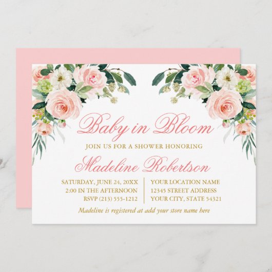 ベビーの開花水色ピンク白フローラシャワー 招待状 (正面/裏面)