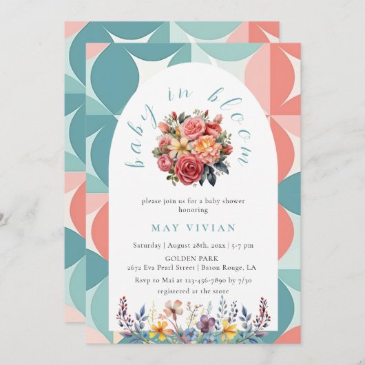 ベビーの開花水色フローラタイルブルーシャワー 招待状 (正面/裏面)
